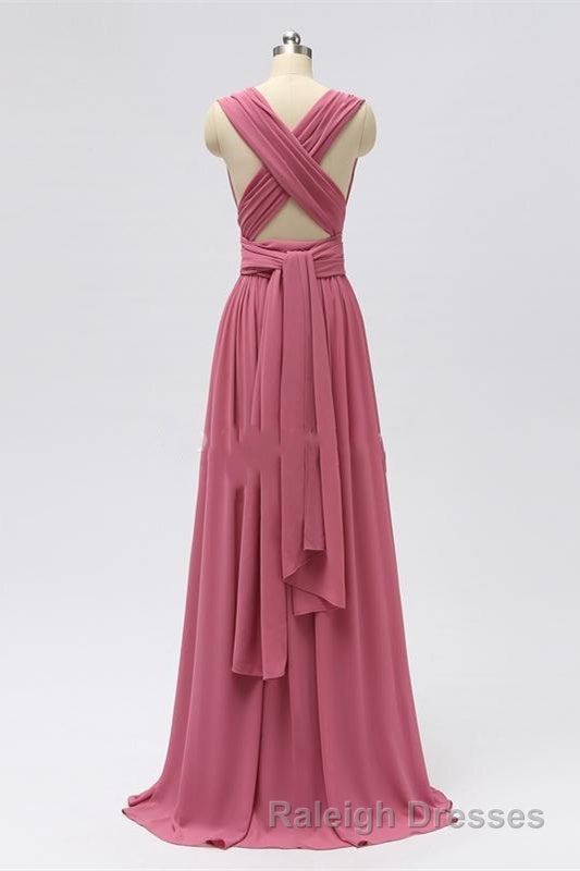Dusty Rose Chiffon Wrap A Line Long Bridesmaid Dresses