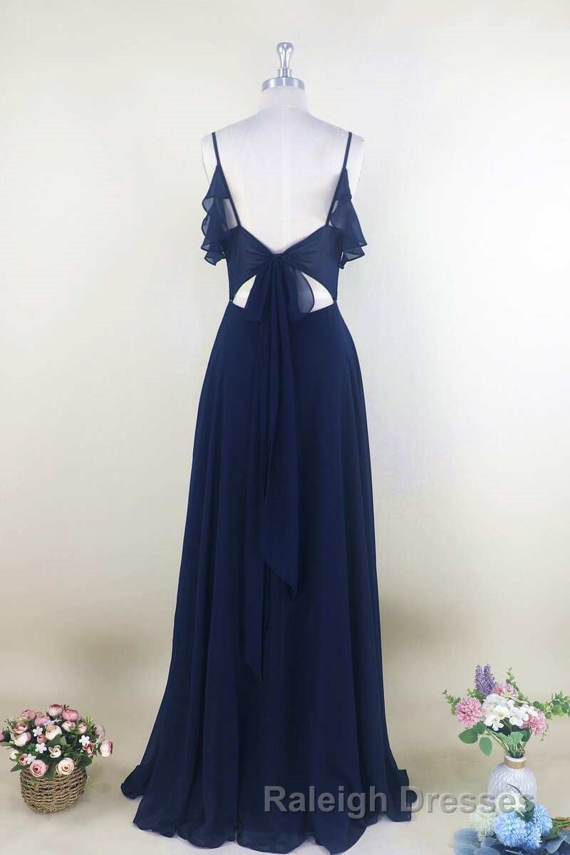 Navy Blue Chiffon Cold-Shoulder A Line Long Bridesmaid Dresses