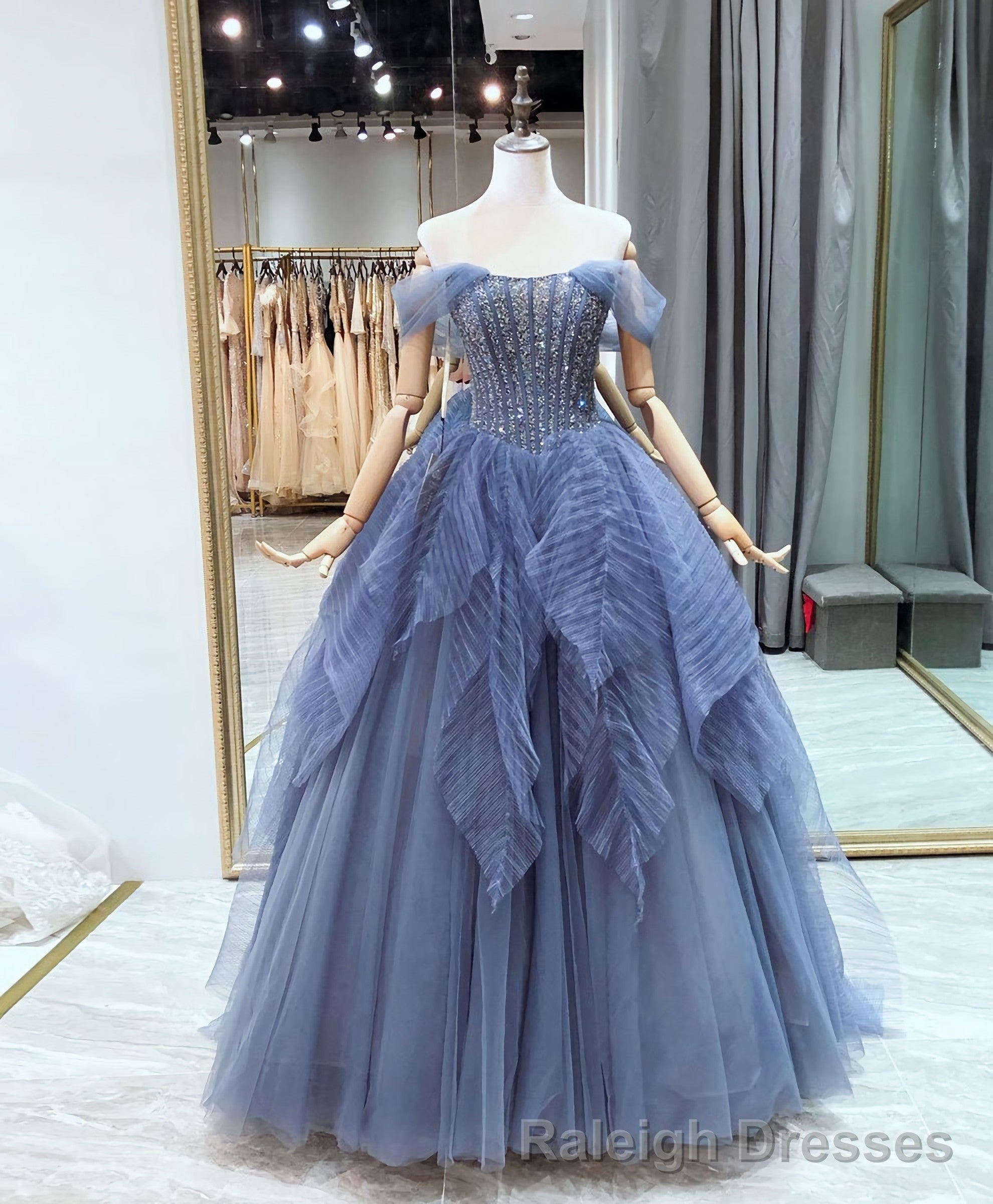 Blue Sweetheart Neck Tulle Beads Sequin Long Prom Dress Secondary image