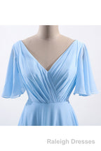 Flutter Sleeves Blue Chiffon A-line Long Bridesmaid Dress