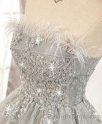 Gray Sweetheart Lace Tulle Short Prom Dress, Gray Cocktail Dress