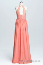 Halter Coral A-line Lace and Chiffon Long Bridesmaid Dress
