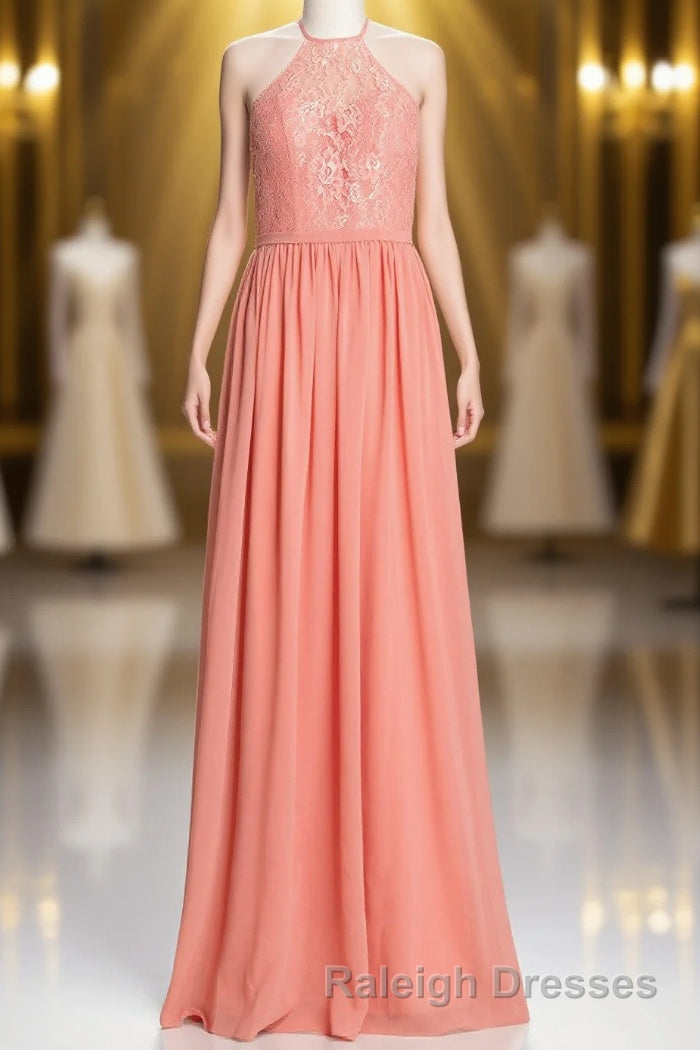Halter Coral A Line Lace and Chiffon Long Bridesmaid Dresses Main image