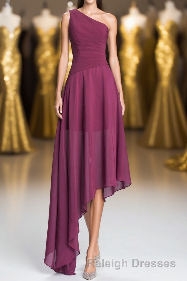 One Shoulder Plum Asymmetric Chiffon Long Prom Dresses Main image