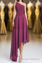 One Shoulder Plum Asymmetric Chiffon Long Prom Dresses