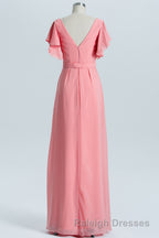 Coral A Line Flutter Sleeves Long Bridesmaid Dresses