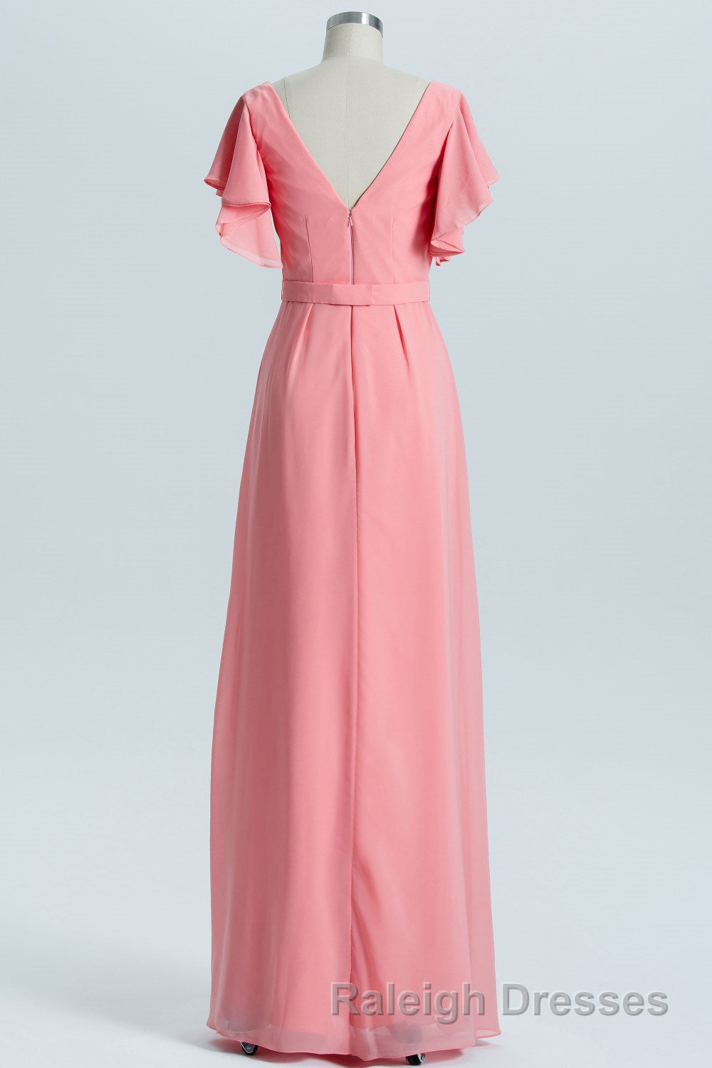 Coral A Line Flutter Sleeves Long Bridesmaid Dresses