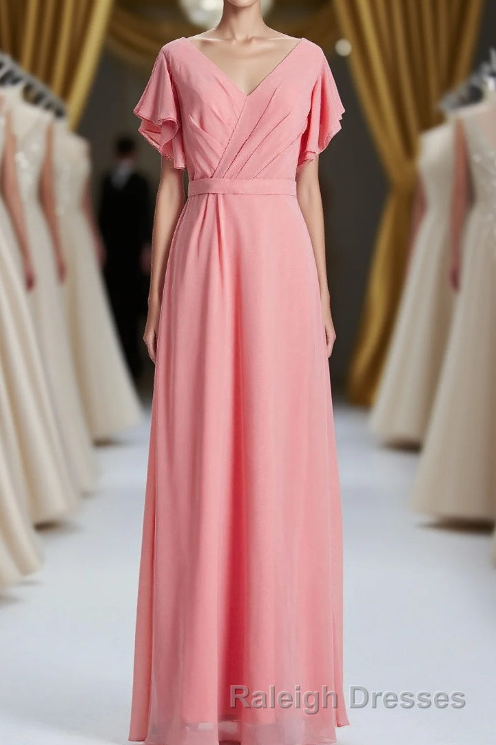 Coral A Line Flutter Sleeves Long Bridesmaid Dresses