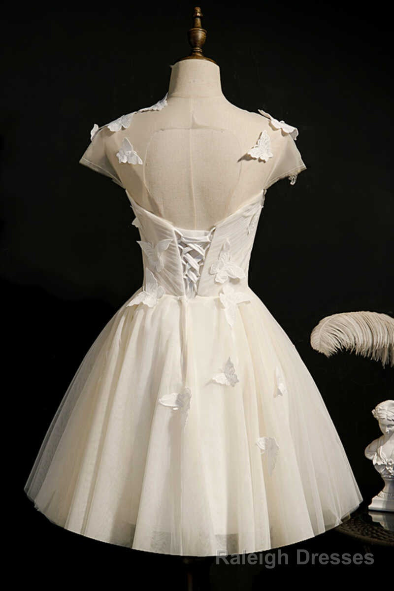 Ivory Sweetheart Cap Sleeve Short Prom Dress with Butterflies