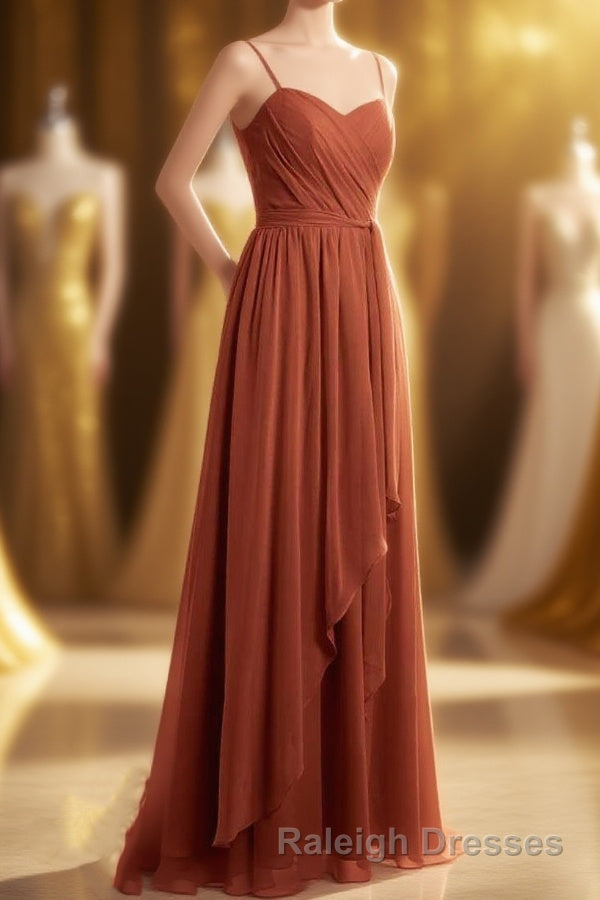 Rust Orange Spaghetti Straps Sweetheart Ruffled Long Bridesmaid Dress