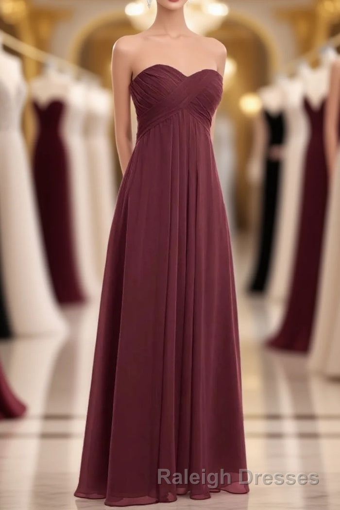 Burgundy Chiffon Strapless Sweetheart A-Line Long Bridesmaid Dress Main image