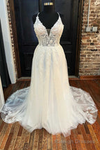 White Lace V Neck Backless A Line Long Wedding Dress