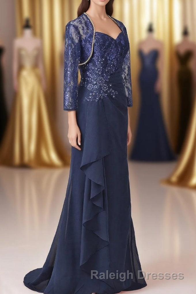 Navy Blue Two-Piece Sweetheart Ruffled Long Mother of the Bride Dress Main image