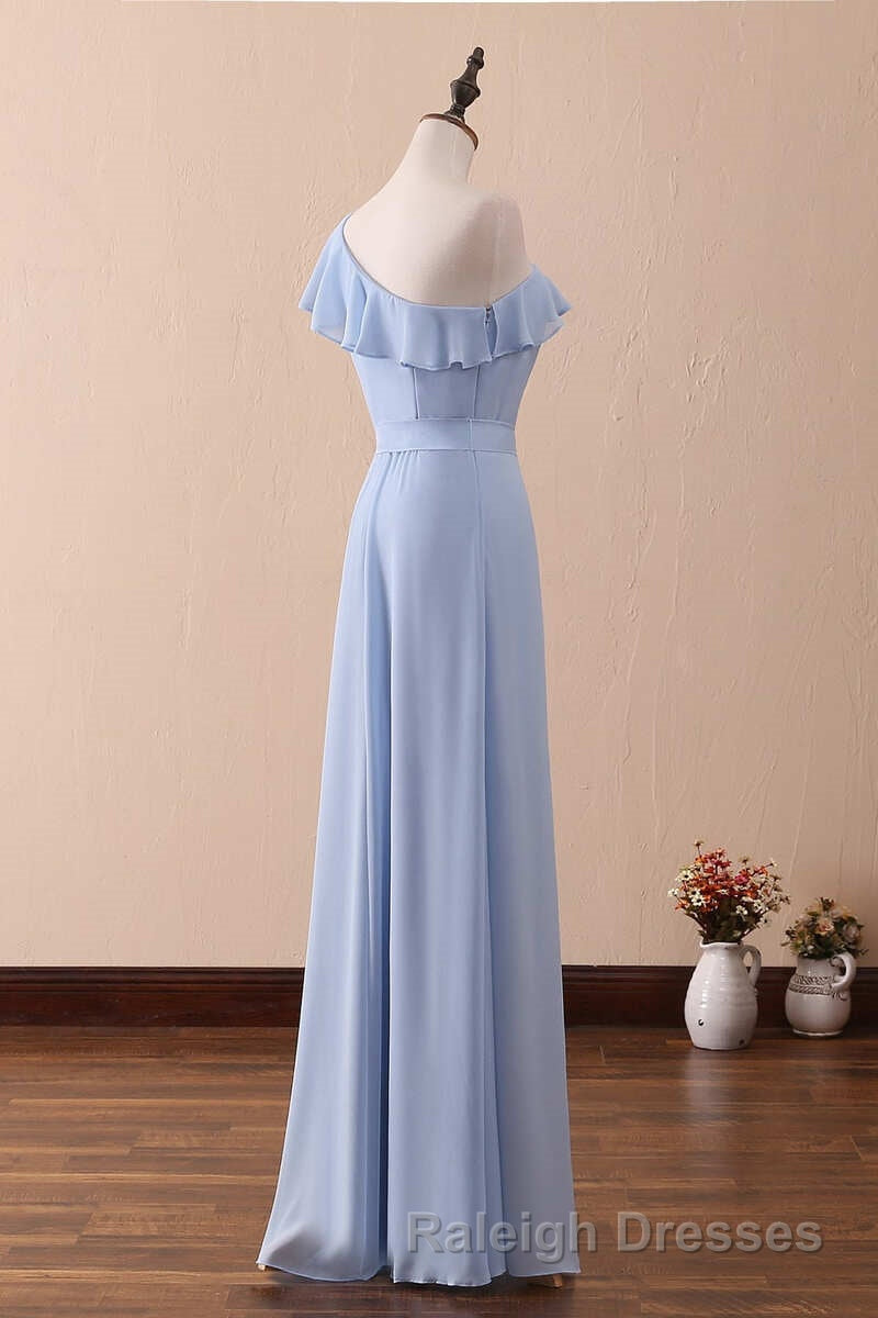 Periwinkle One Shoulder Ruffled A Line Long Bridesmaid Dresses