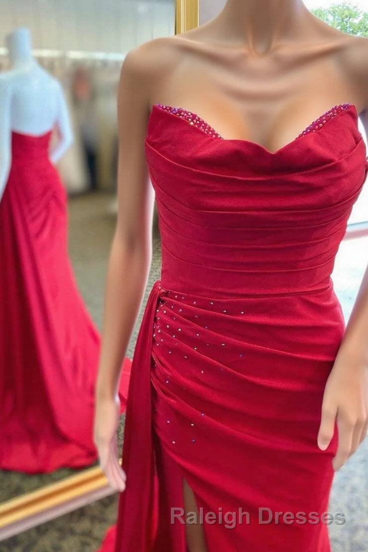 Red Beaded Strapless Mermaid Long Dress with Attached Train Main image