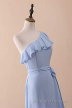 Periwinkle One Shoulder Ruffled A Line Long Bridesmaid Dresses