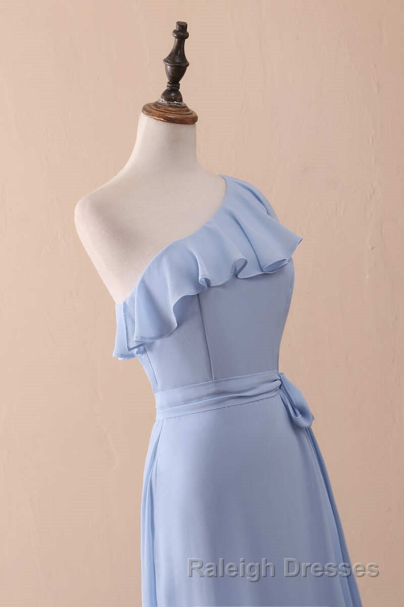 Periwinkle One Shoulder Ruffled A Line Long Bridesmaid Dresses