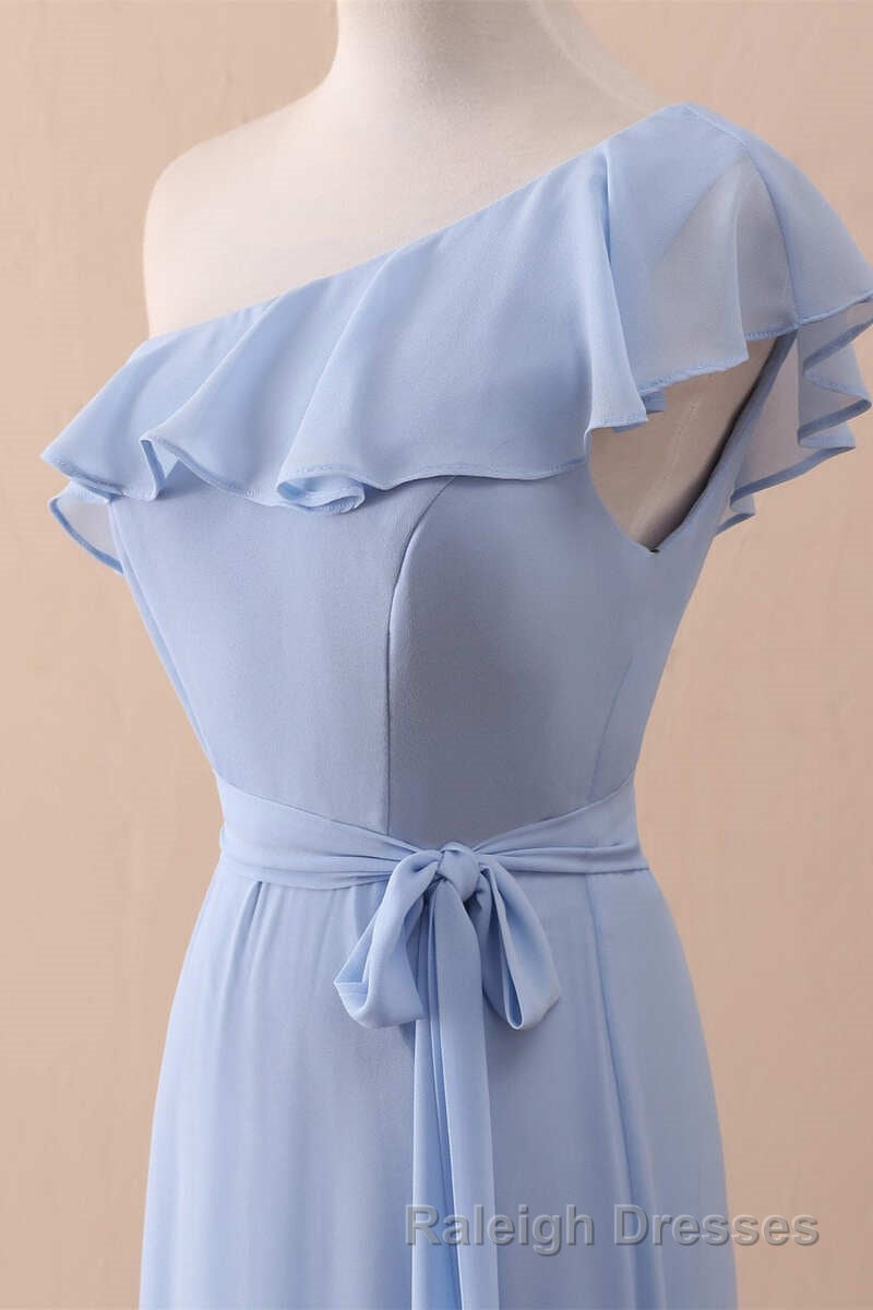 Periwinkle One Shoulder Ruffled A Line Long Bridesmaid Dresses