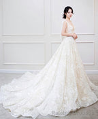 White V Neck Lace Long Prom Dress White Lace Wedding Dress