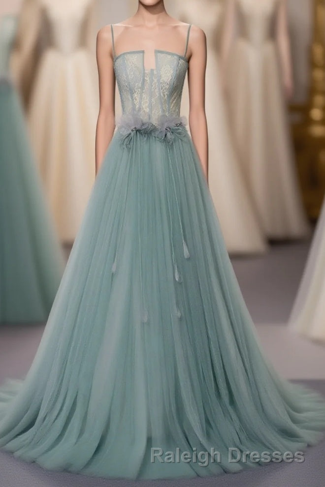 Green A Line Tulle Lace Long Prom Dress, Green Tulle Formal Dress