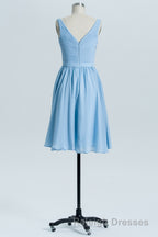 Blue Chiffon A-line Pleated Short Bridesmaid Dress