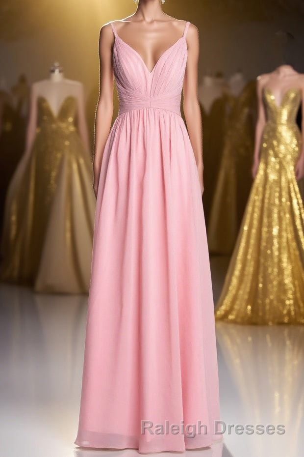 Pink Straps A-line Pleated Long Bridesmaid Dress Main image