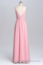 Pink Straps A-line Pleated Long Bridesmaid Dress