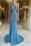 Ocean Blue Sequins One Shoulder Mermaid Prom Dresses Long With Split