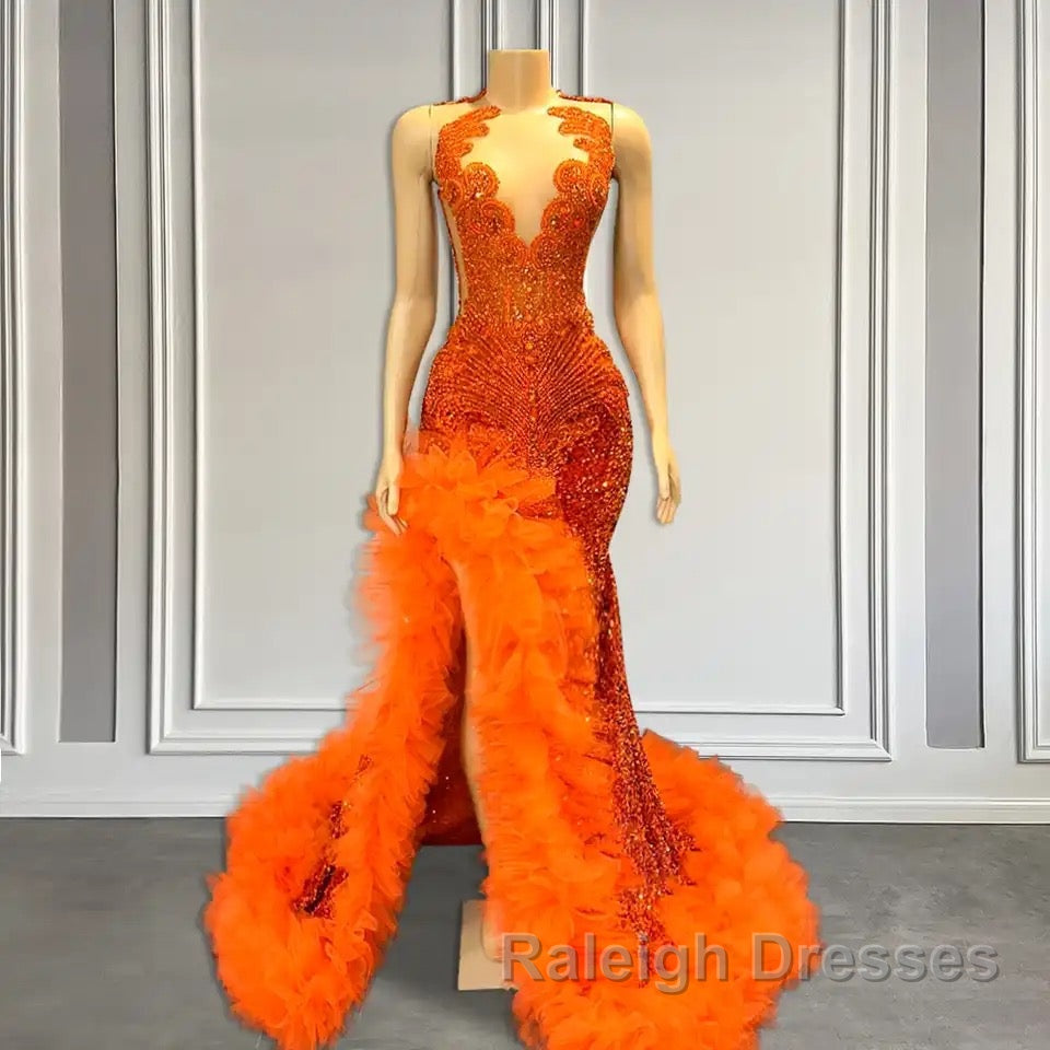 Orange Sleeveless Mermaid Prom Dress with Side Slit and Tulle Beadings