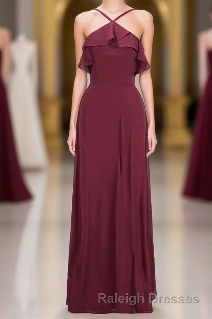 Straps Burgundy Ruffles A-line Long Bridesmaid Dress