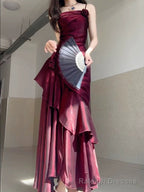 Wine Red Satin Long Straps Prom Dress Wine Red A-line Party Dress