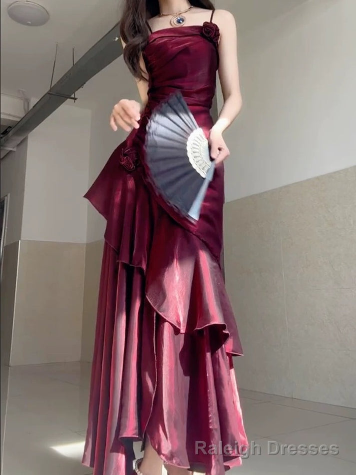 Wine Red Satin Long Straps Prom Dress Wine Red A-line Party Dress