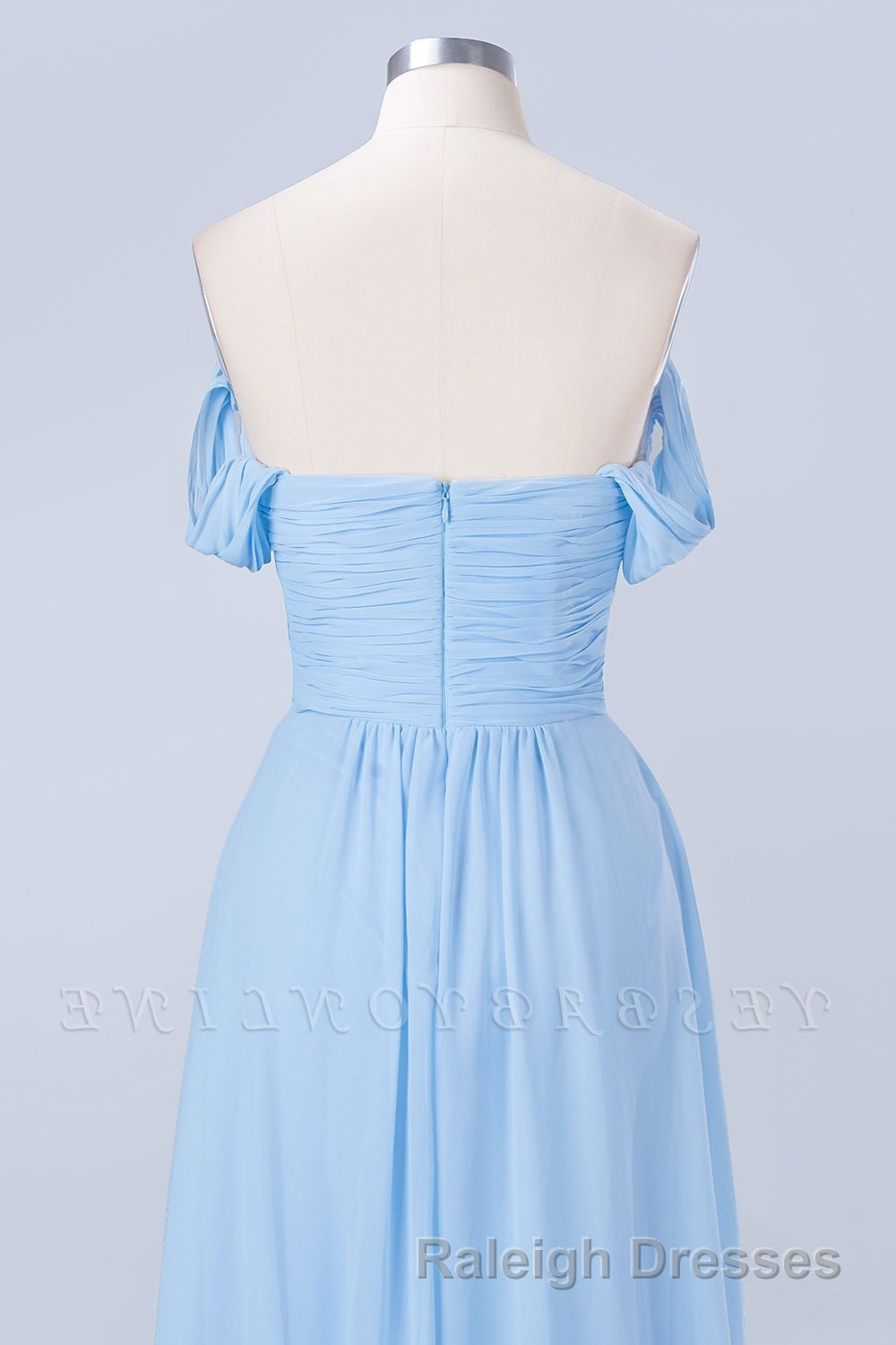 Blue Off the Shoulder Pleated Chiffon Long Bridesmaid Dress