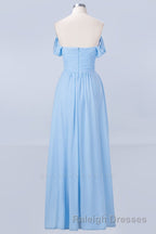 Blue Off the Shoulder Pleated Chiffon Long Bridesmaid Dresses