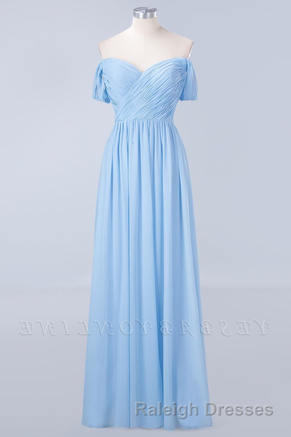 Blue Off the Shoulder Pleated Chiffon Long Bridesmaid Dress