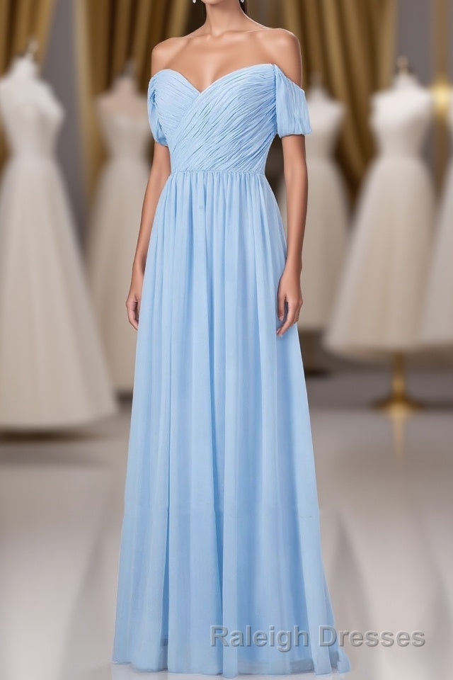 Blue Off the Shoulder Pleated Chiffon Long Bridesmaid Dress Main image