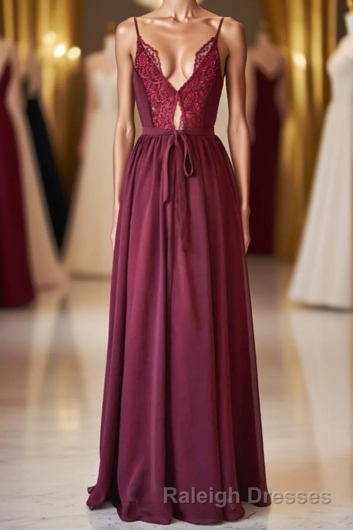Magenta Chiffon V-Neck Spaghetti Straps Long Bridesmaid Dress