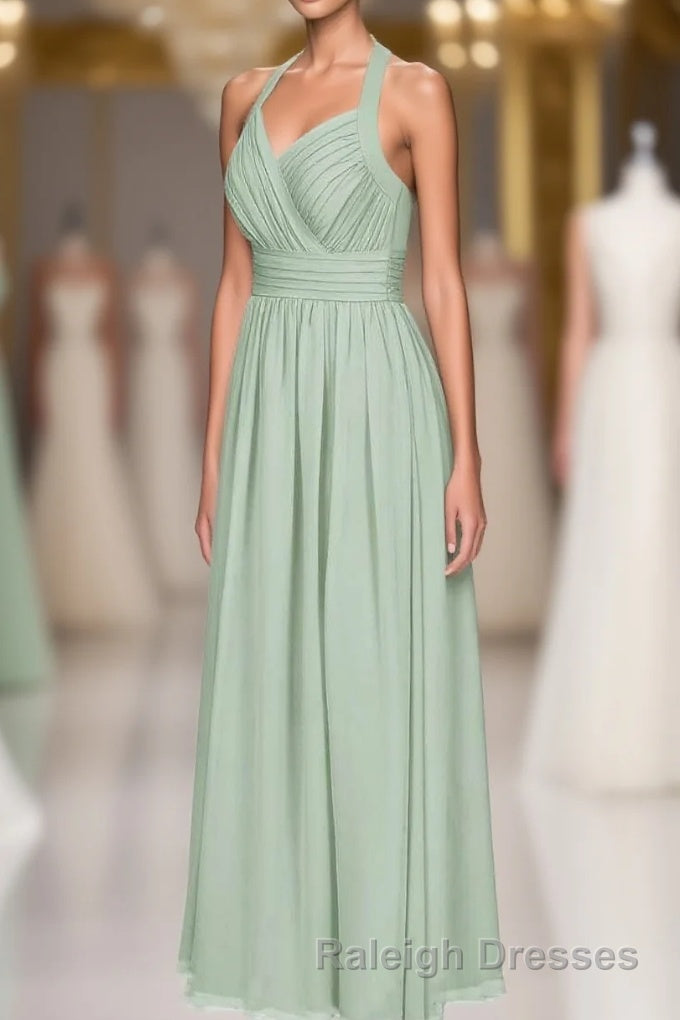 Sage Green Chiffon Halter Backless A-Line Bridesmaid Dress Main image