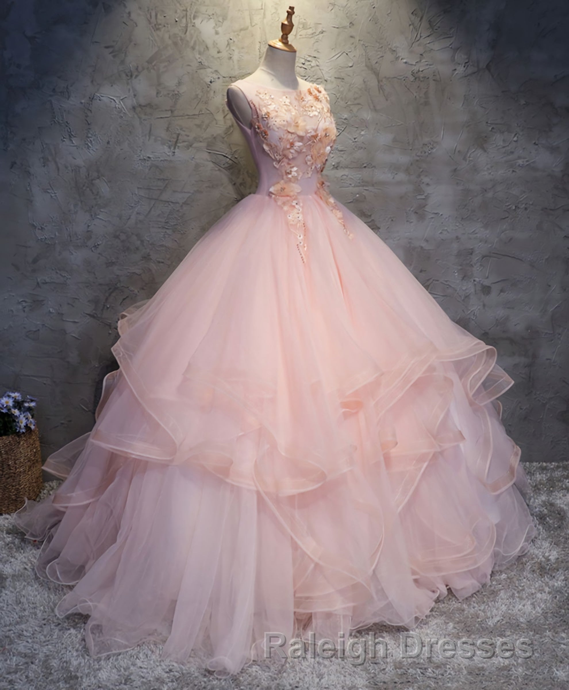 Pink Round Neck Tulle Lace Long Prom Dress, Lace Formal Dress Secondary image