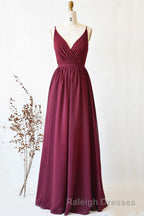 Magenta Chiffon V-Neck Spaghetti Straps Long Bridesmaid Dress