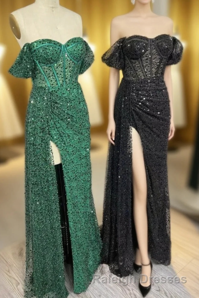 Mermaid Off-the-Shoulder Boning Sequins Pleated Long Prom Dress with Slit