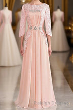 Pink Rhinestone Half Sleeve A-Line Long Mother of the Bride Dress