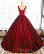 Burgundy Round Neck Tulle Lace Applique Long Prom Dresses Burgundy Prom Dresses