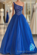 Blue Beaded One-Shoulder A-Line Long Prom Dress