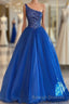 Blue Beaded One-Shoulder A-Line Long Prom Dress