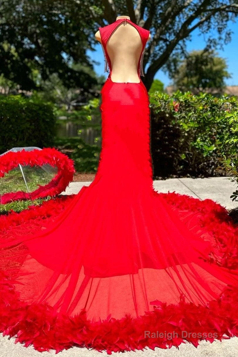 Deep V-neck Mermaid Ruby Feather Silver Beaded Prom Dresses Secondary image