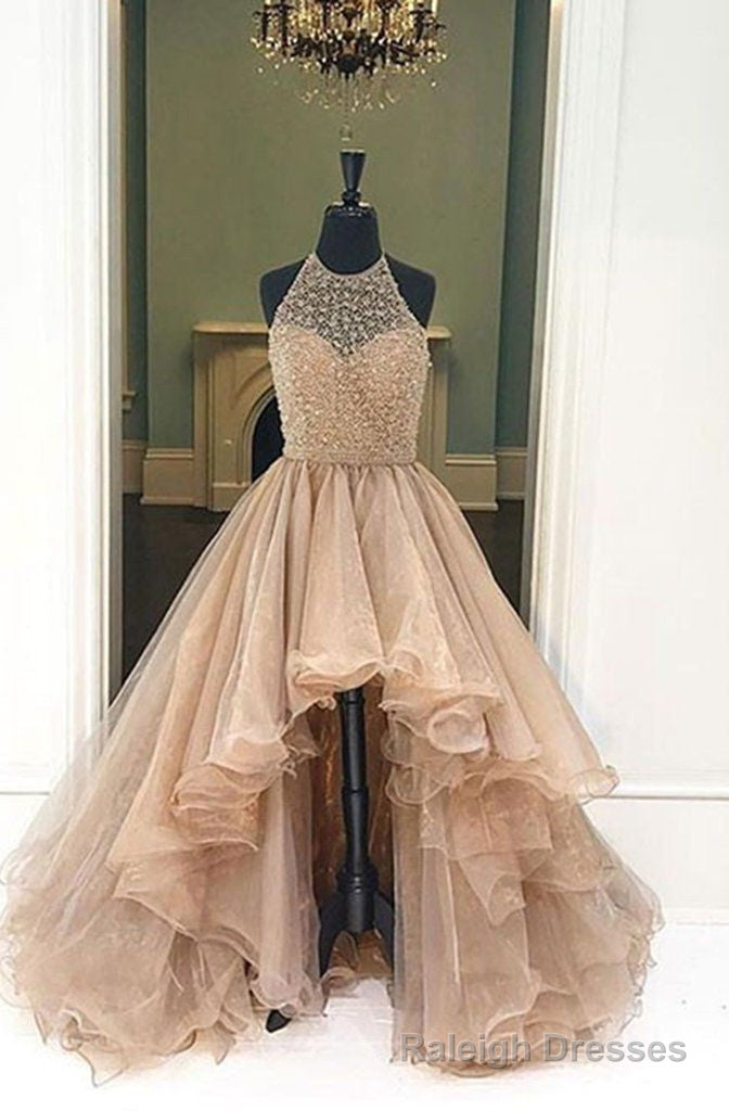 2025 Halter Beaded High Low Organza Champagne Prom Dresses