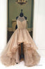2026 Halter Beaded High Low Organza Champagne Prom Dresses