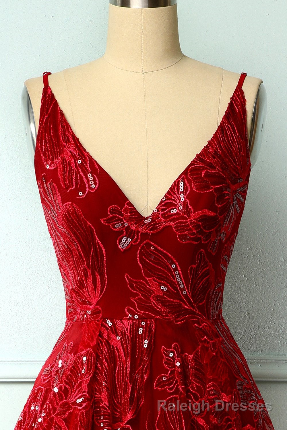 Burgundy Lace V Neck Short Prom Dress, A Line Irregular Hem Prom Dress