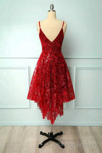 Burgundy Lace V Neck Short Prom Dress, A Line Irregular Hem Prom Dress